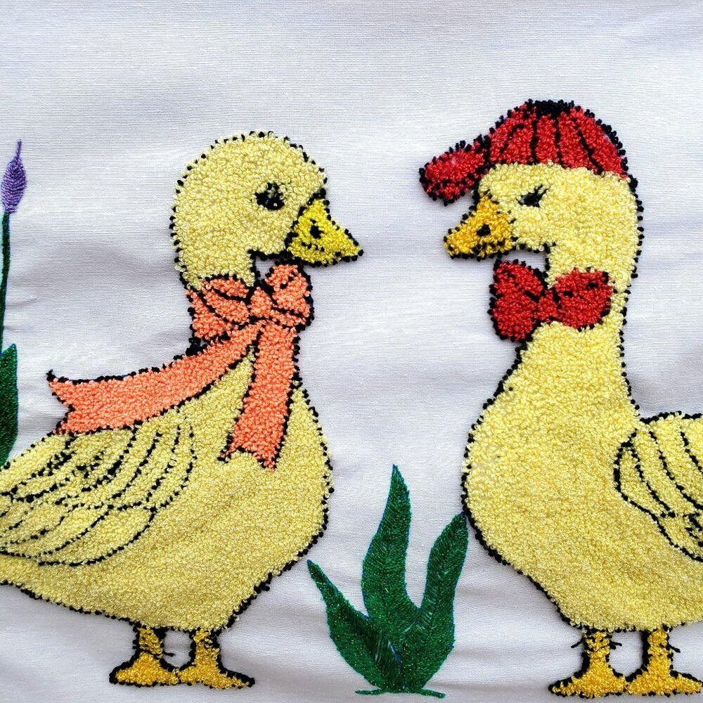 Punch Needle Embroidered Pillowcase Duck Mr and Mrs 26 x 15 Inch Boho Decor - Picture 2 of 12